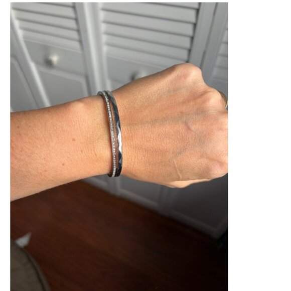Rhinestone and Silver Hammered Texture Double Cuff Bracelet - Picture 1 of 3